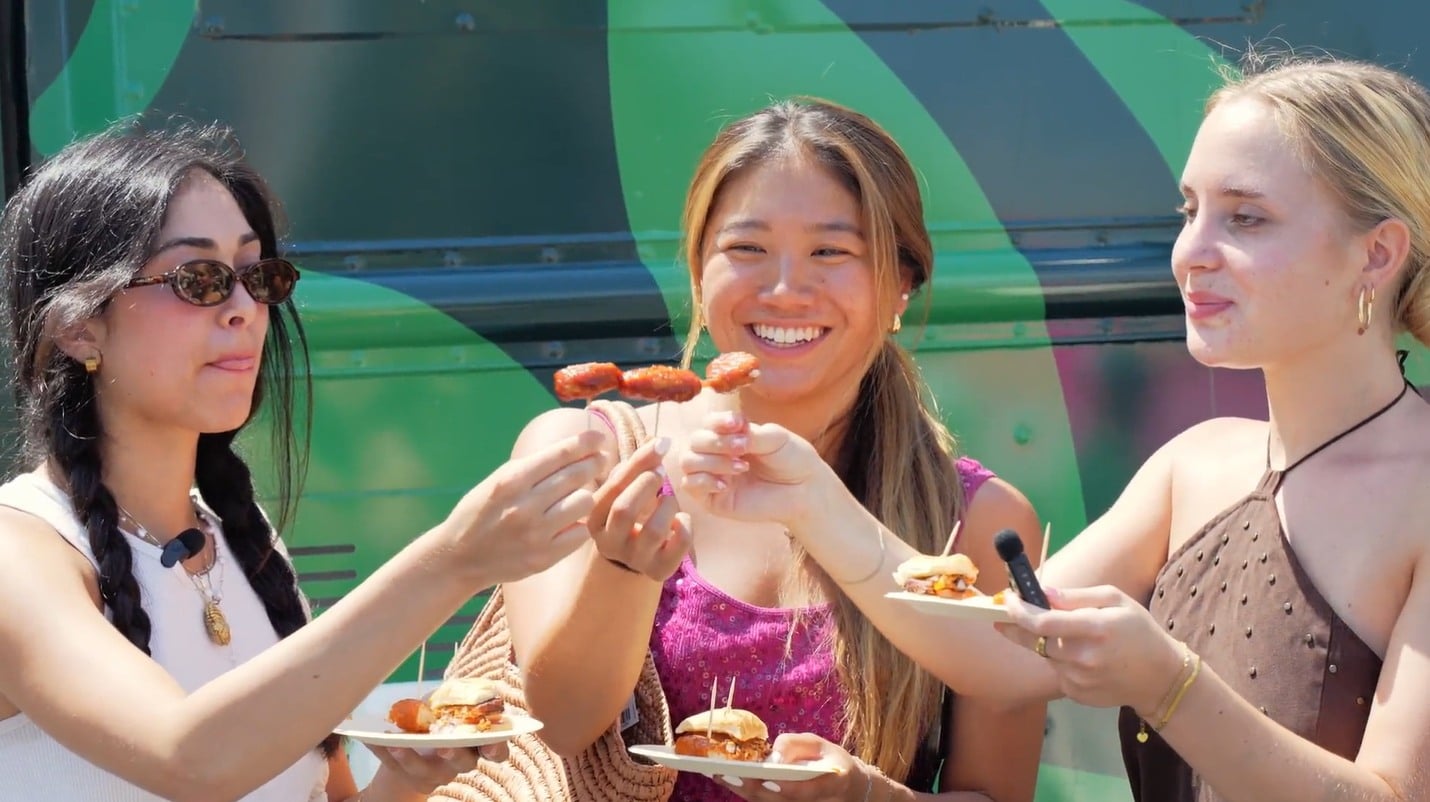 Consumers tasting MorningStar Farms samples in front of the food truck